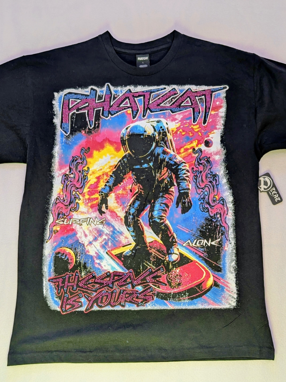 Phatcat Space Is Yours Astronaut Rhinestone Black Oversized Tee NWT L